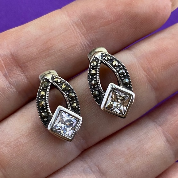 💛 Vintage Sterling Silver CZ Marcasite Stone Earrings - Picture 4 of 4